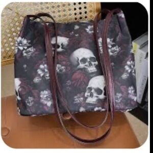 New! Gothic Fashion Skull Flower Print Shoulder Bag, Punk Style Underarm Bag